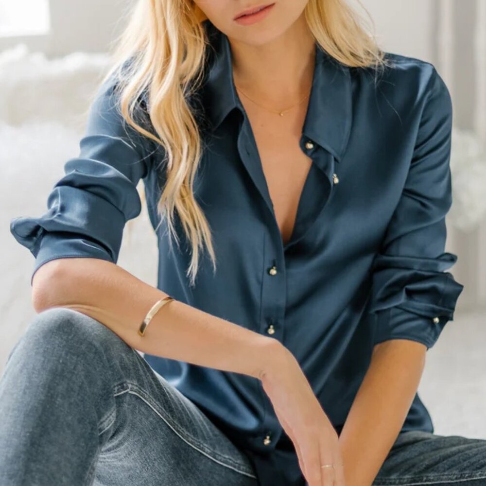 Ravella Milano blue silk blouse gold buttons small / 4